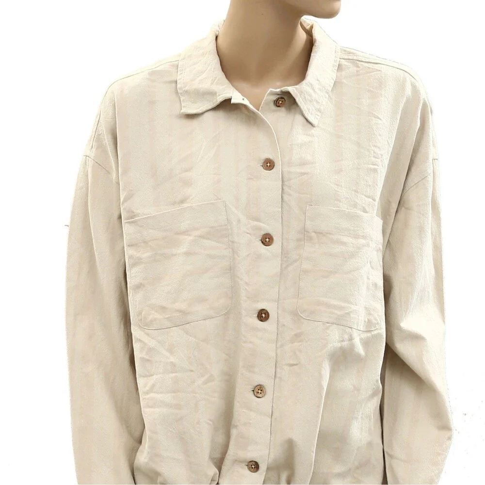 Free People Striped Buttondown Shirt Tunic Top Shacket Oversized Beige M 284155
